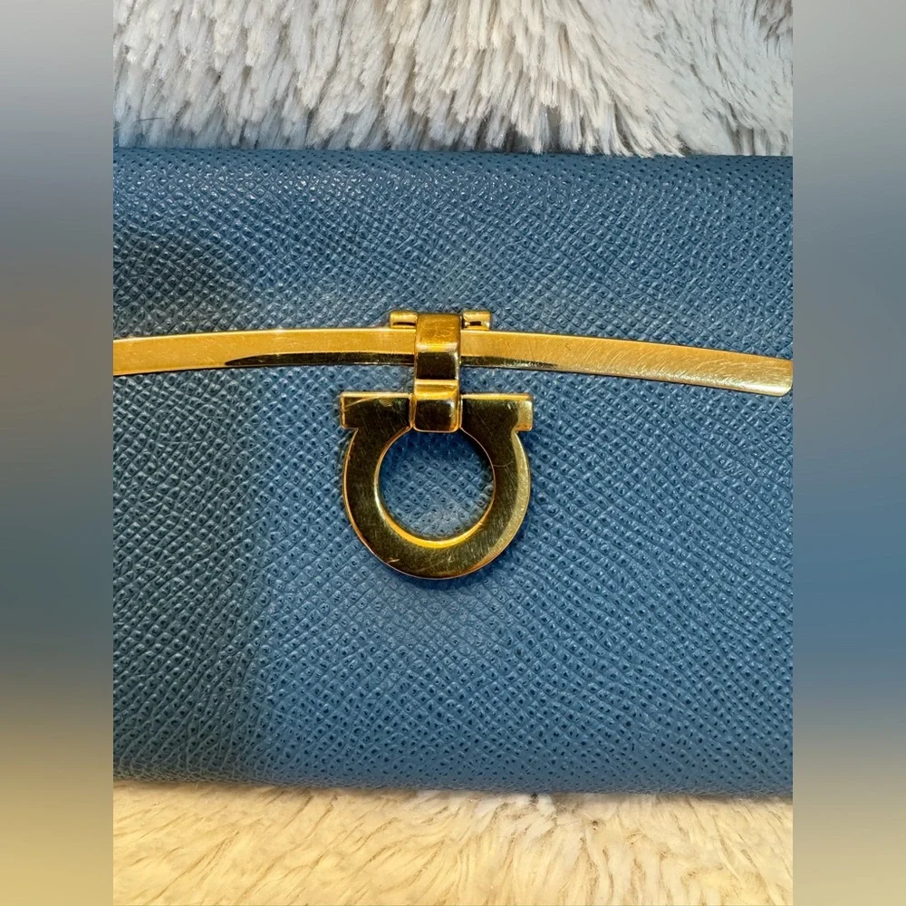 Salvatore Ferragamo Gancini Blue Continental Wallet - Pebbled Calfskin, Italy 🇮🇹